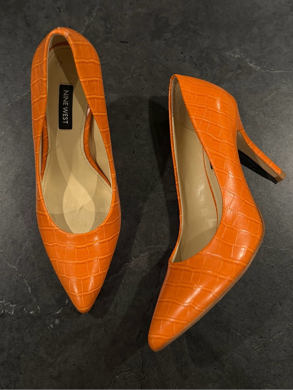 Nine West Orange Croc-Embossed Pointed Pumps